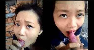 Cô bạn gái liếm dương vật ở vườn sau nhà